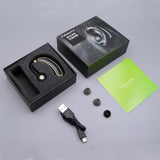 Wireless Bluetooth Earphones with Mic - 24hrs Work Time - for Iphone / Android - Black / Gold - Close-Up Angle