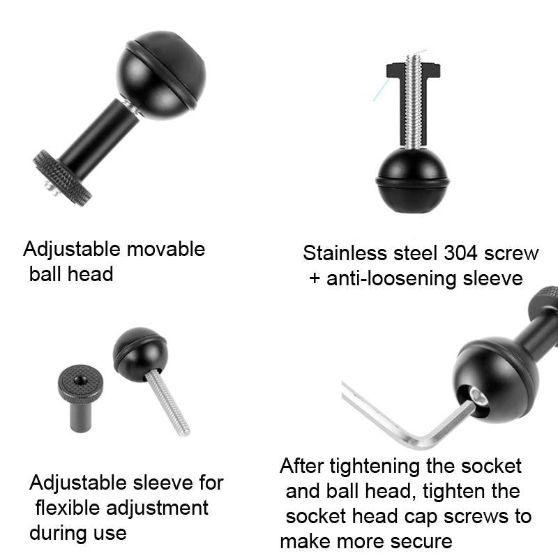 Adjustable Ball Head Adapter for Underwater Photography Lights - 1/4 Inch Black