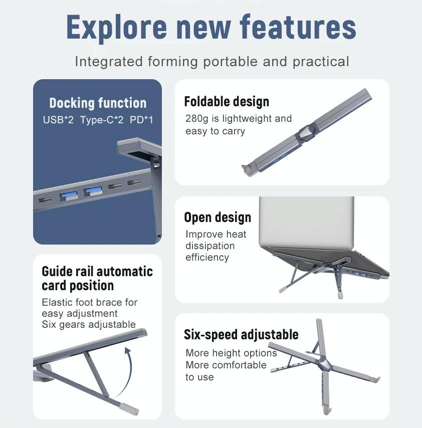 Versatile Laptop Docking Stand with Enhanced Cooling and Folding Design - Gray