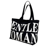 Black Women Canvas Shoulder Tote Printed Letters - Front View