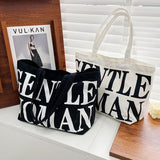 Black Women Canvas Shoulder Tote Printed Letters - Side View