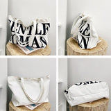 Black Women Canvas Shoulder Tote Printed Letters - Top-Down View