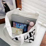 Black Women Canvas Shoulder Tote Printed Letters - Low Angle