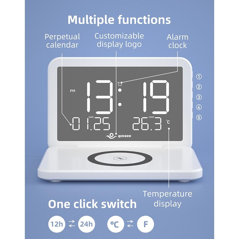 Foldable Desk Calendar Clock With Wireless Charger & Alarm - White