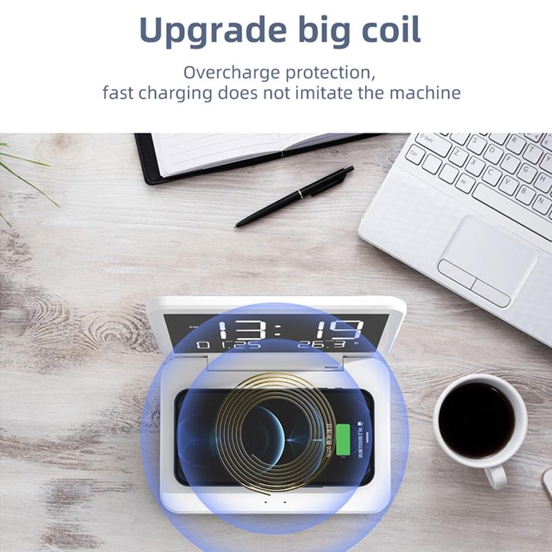 Foldable Desk Calendar Clock With Wireless Charger & Alarm - White