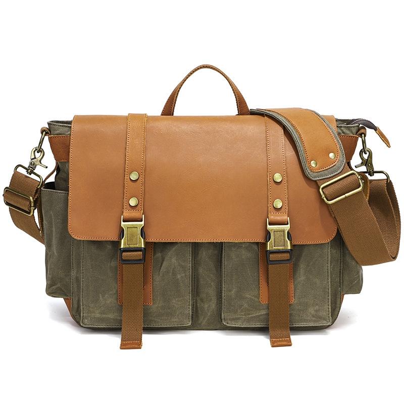 Leather Waxed Canvas Crossbody Bag For Outdoors - S11 Army Green