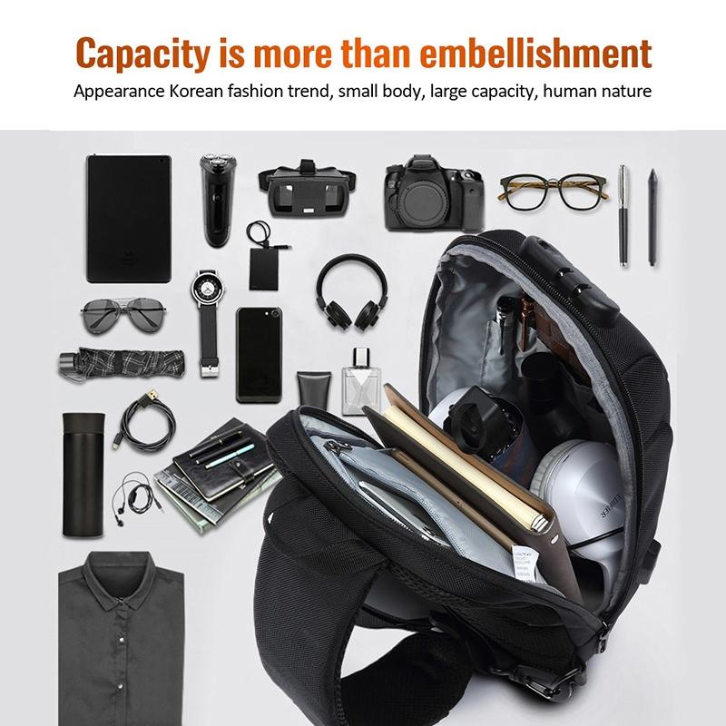 Anti Theft Men Waterproof Crossbody Bag With USB Port - Black