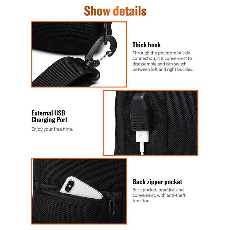 Anti Theft Men Waterproof Crossbody Bag With USB Port - Black