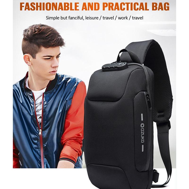 Anti Theft Men Waterproof Crossbody Bag With USB Port - Black