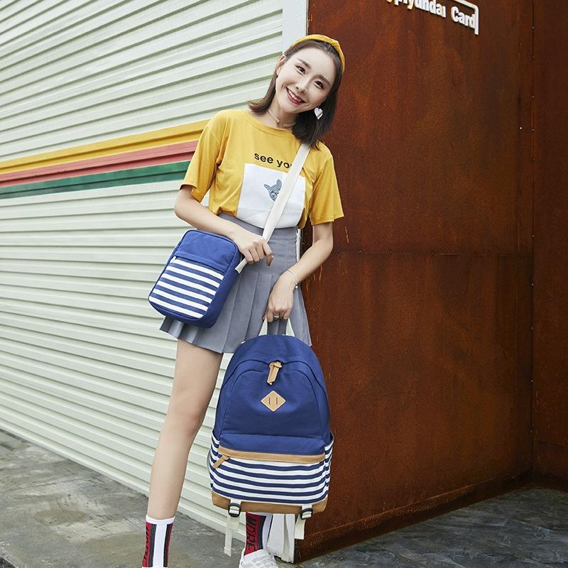 Printed Canvas Backpack Set - 3 Pieces - Black