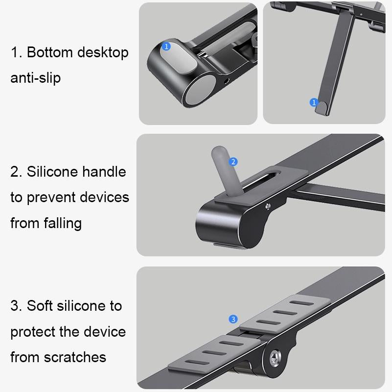 Foldable Aluminum 3-in-1 Phone Tablet Stand - Portable Storage - Silver