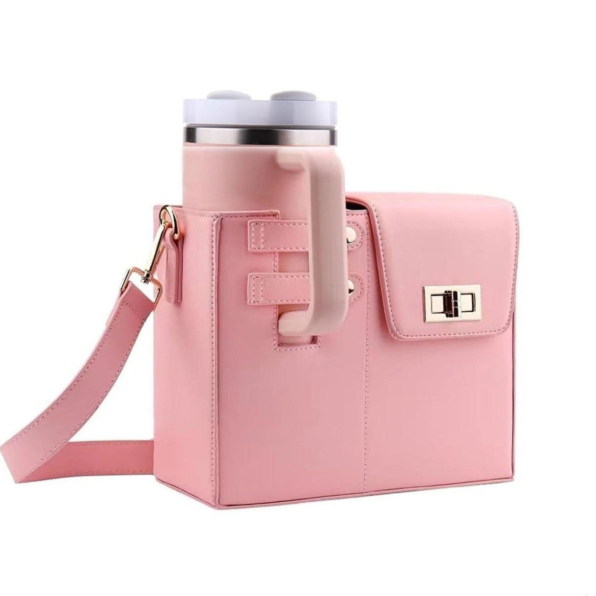 Leather Shoulder Bag For Water Bottles Fits Most Brands - Black