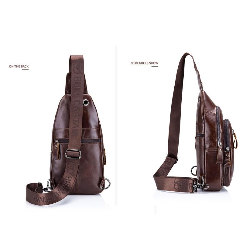 Men Leather Crossbody Chest Bag Multi Function - Brown
