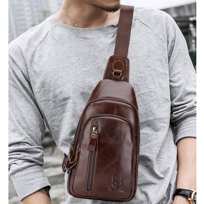 Men Leather Crossbody Chest Bag Multi Function - Brown