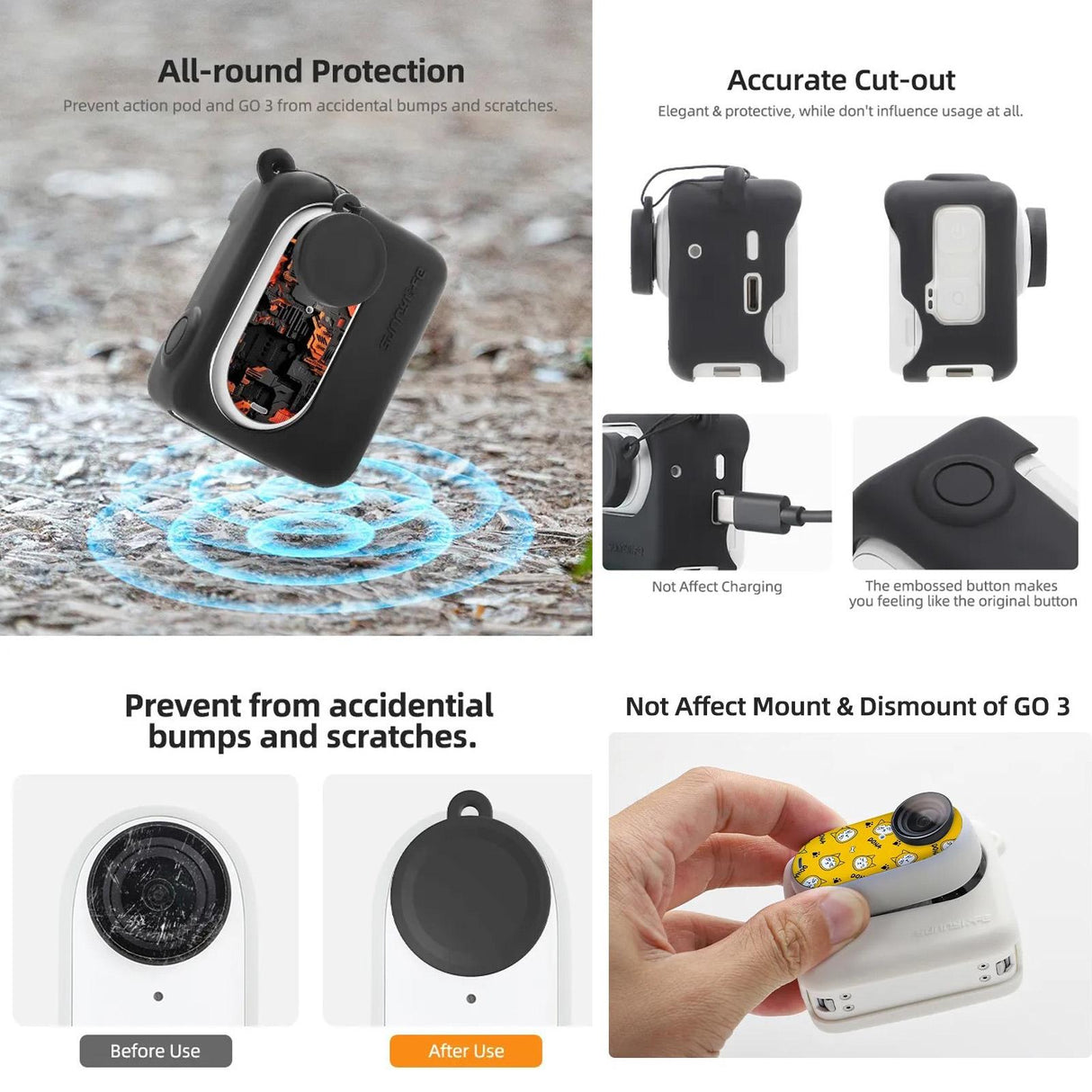 Silicone Case for Insta360 Go 3 with Neck Strap and Skin Wrap - Black