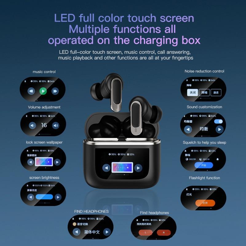 Wireless Anc Bluetooth Earphones with Touch Screen and Active Noise Reduction - Black