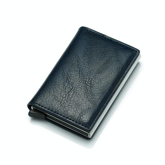 Anti Magnetic Rfid Leather Metal Wallet Universal Fit Black - Blue
