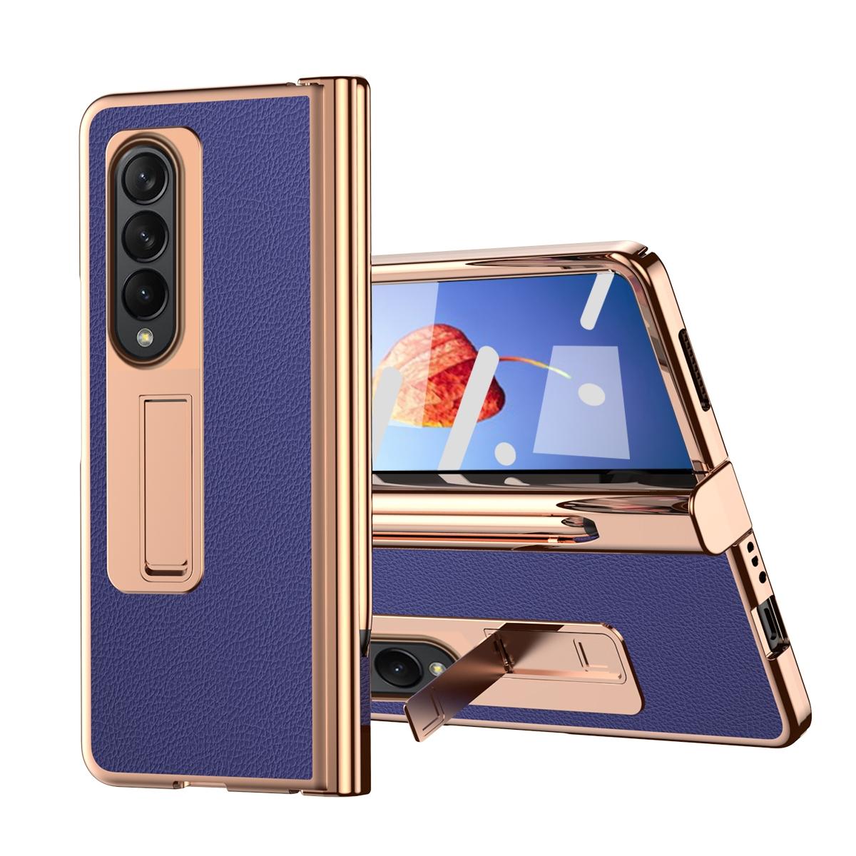 For Samsung Galaxy Z Fold4 5G Premium Litchi Leather Hinged Phone Case - With Pen - Blue