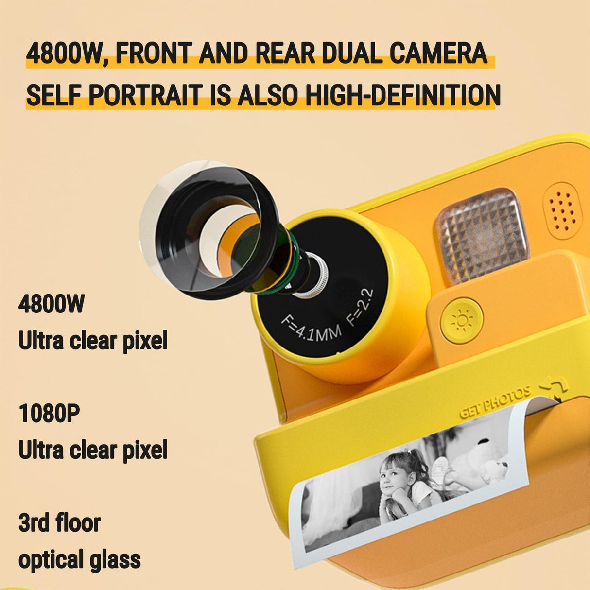 2-inch Dual Lens Instant Print Camera for Children - 4800w Pixel - Without Memory Card Yellow