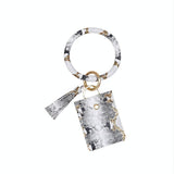 Snake Print Wrist Keychain Coin Purse Black Pu Leather Bracelet Card Case - Yellow