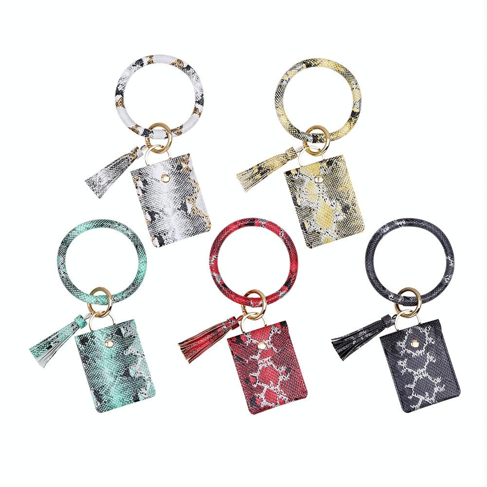 Snake Print Wrist Keychain Coin Purse Black Pu Leather Bracelet Card Case - Yellow