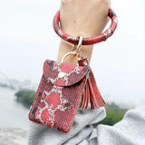 Snake Print Wrist Keychain Coin Purse Black Pu Leather Bracelet Card Case - Yellow