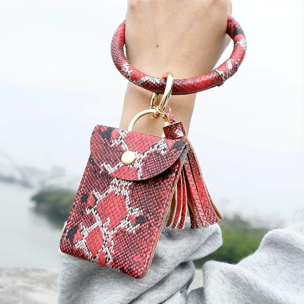 Snake Print Wrist Keychain Coin Purse Black Pu Leather Bracelet Card Case - Yellow