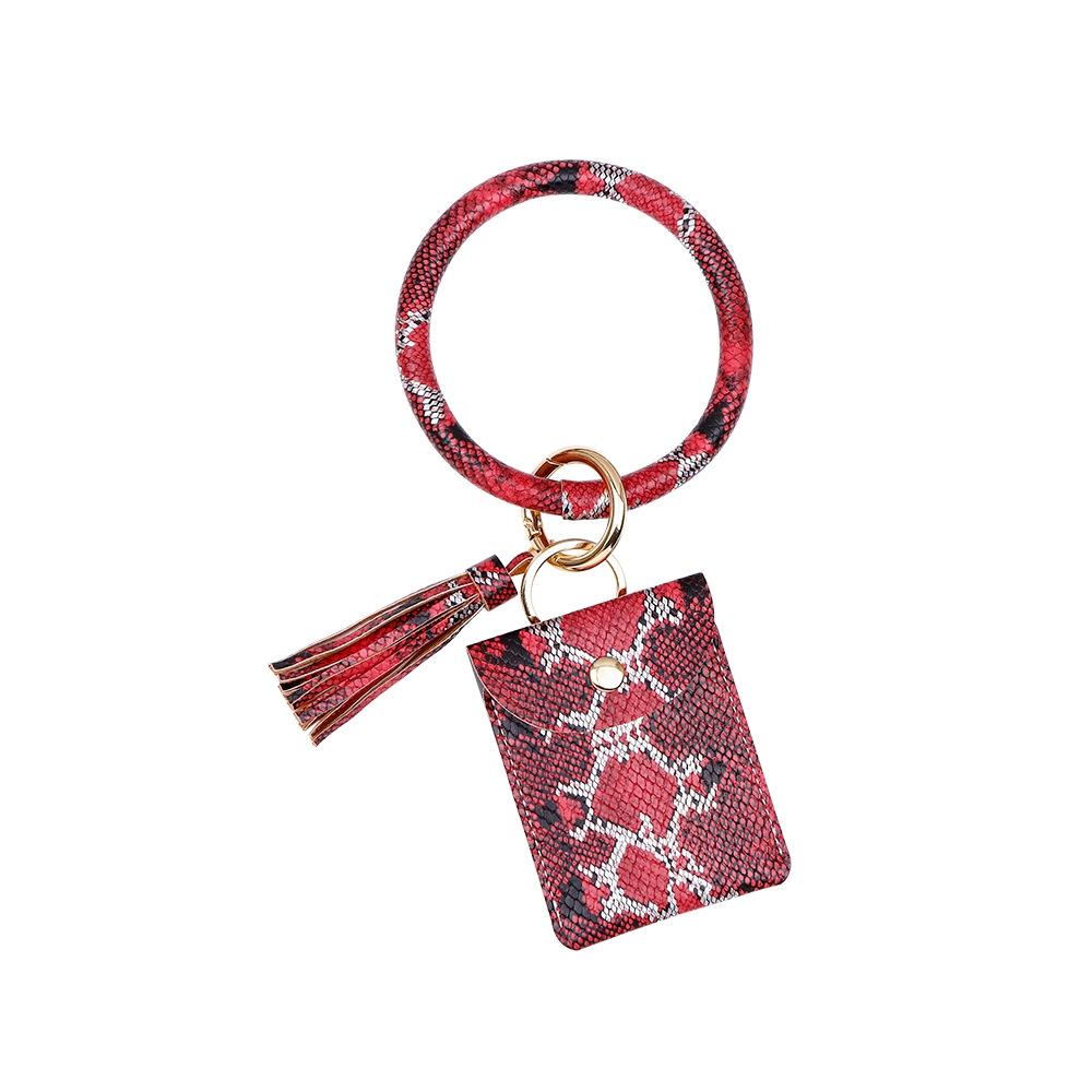 Snake Print Wrist Keychain Coin Purse Black Pu Leather Bracelet Card Case - Yellow