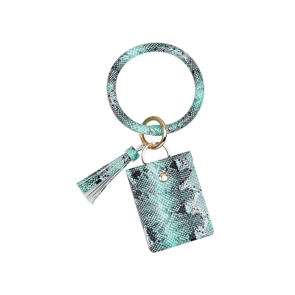 Snake Print Wrist Keychain Coin Purse Black Pu Leather Bracelet Card Case - Yellow