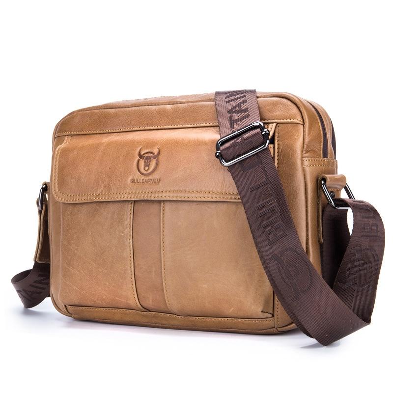 Men Leather Shoulder Bag Double Layer - Beige