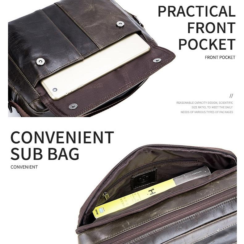 Men Leather Shoulder Bag Double Layer - Beige