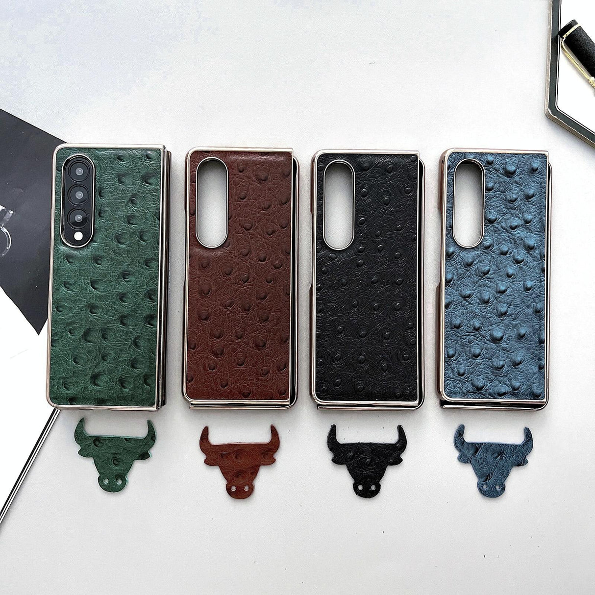 For Samsung Galaxy Z Fold4 5G Ostrich Leather Phone Case - Blue
