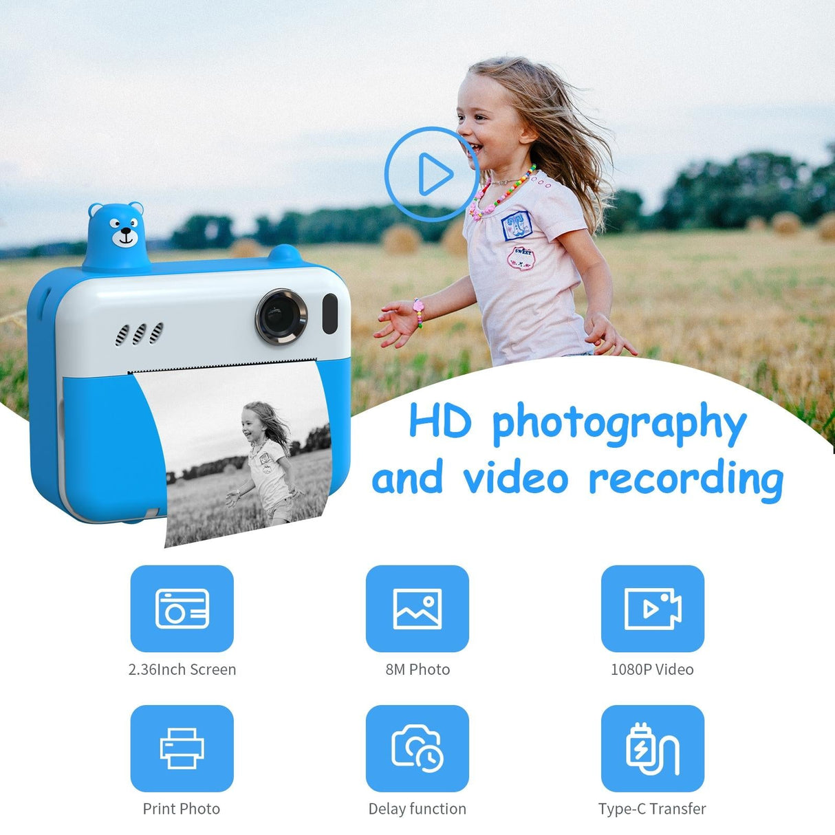 1080p Children's Camera with 2.36 Hd Led Display and Thermal Printing - Instant Capture - Sky Blue