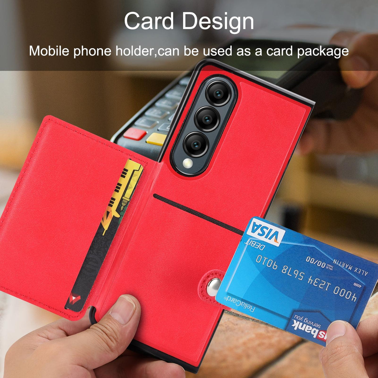 For Samsung Galaxy Z Fold4 5G Samsung Galaxy Z Fold4 Litchi Pattern Single Button Card Holder Phone Case - Red