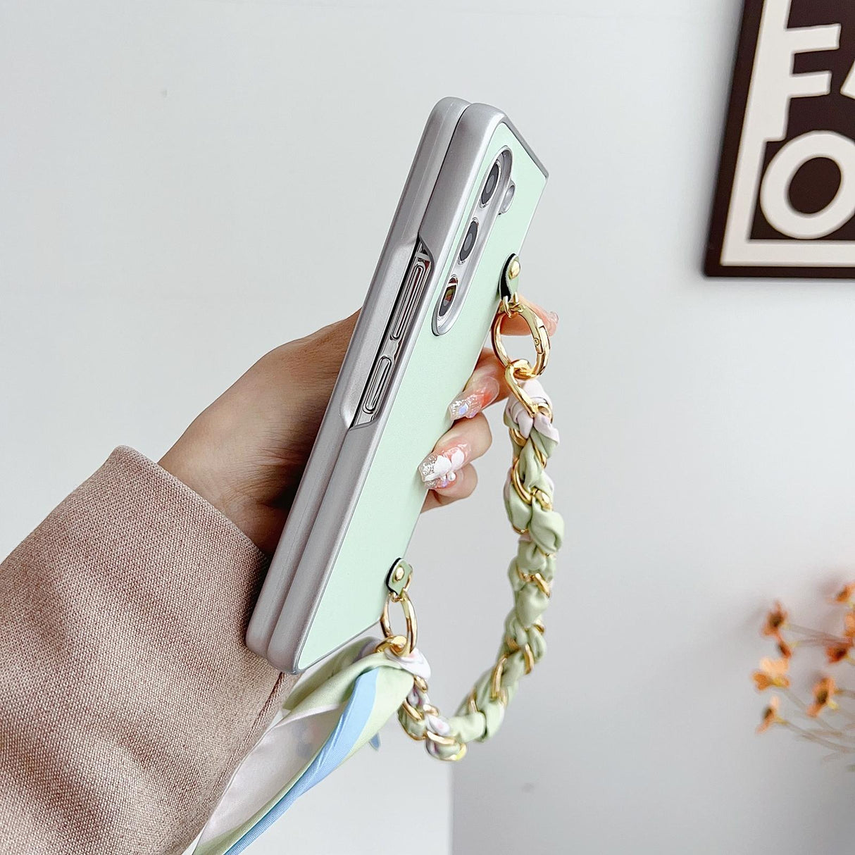 For Samsung Galaxy Z Fold4 5G Leather Phone Case With Metallic Paint And Scarf Bracelet - White