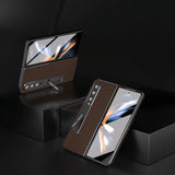 For Samsung Galaxy Z Fold4 5G Carbon Fiber Phone Case With Holder - Dark Brown