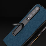 For Samsung Galaxy Z Fold4 5G Leather Phone Case With Holder - Litchi Texture - Blue