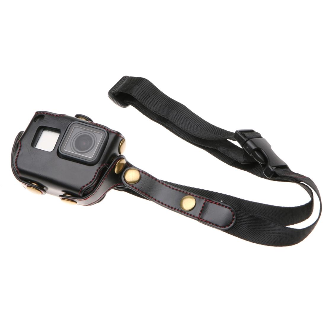 Leather Housing Case with Neck Strap and Buttons for Gopro Hero7 / 6 / 5 - Black - Black