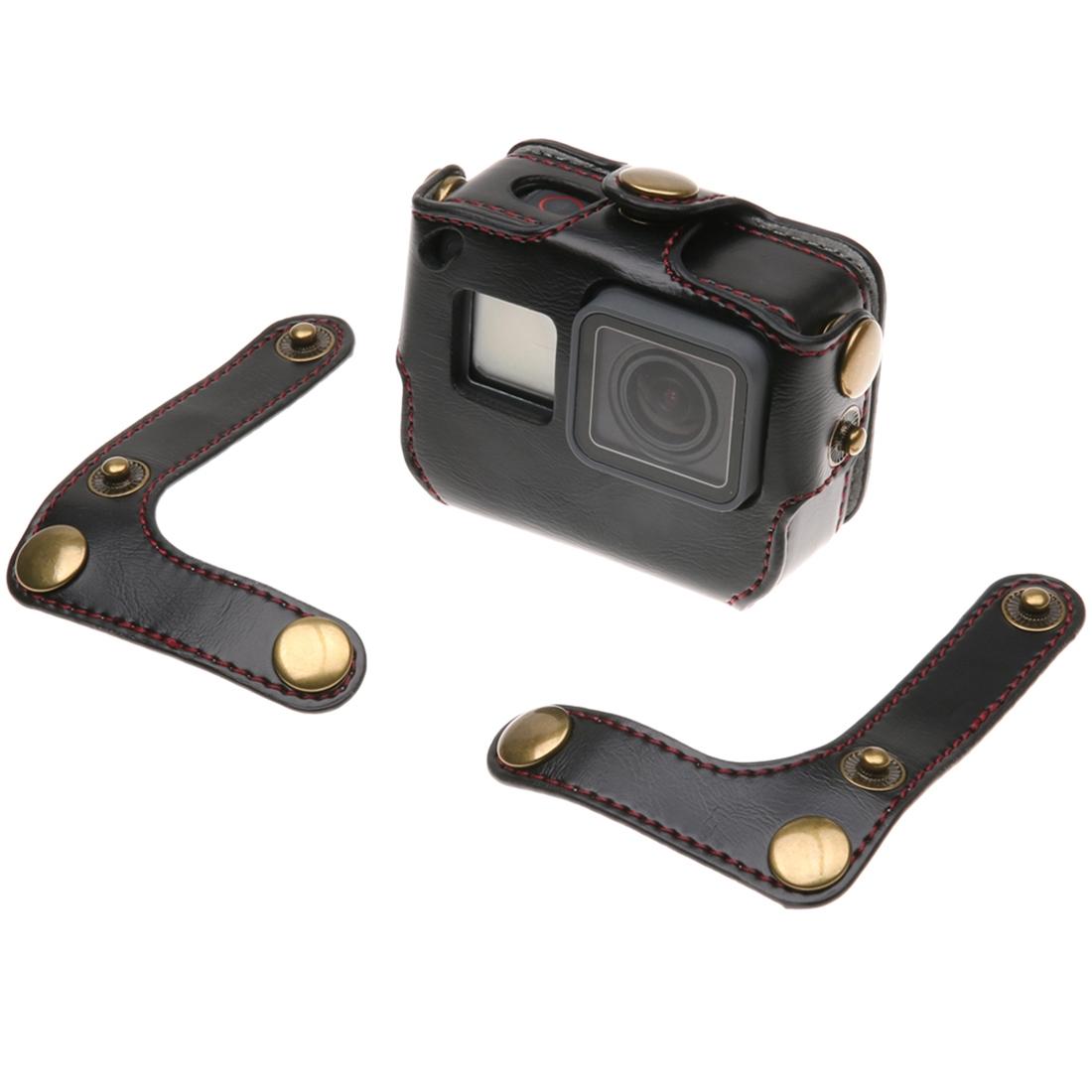 Leather Housing Case with Neck Strap and Buttons for Gopro Hero7 / 6 / 5 - Black - Black