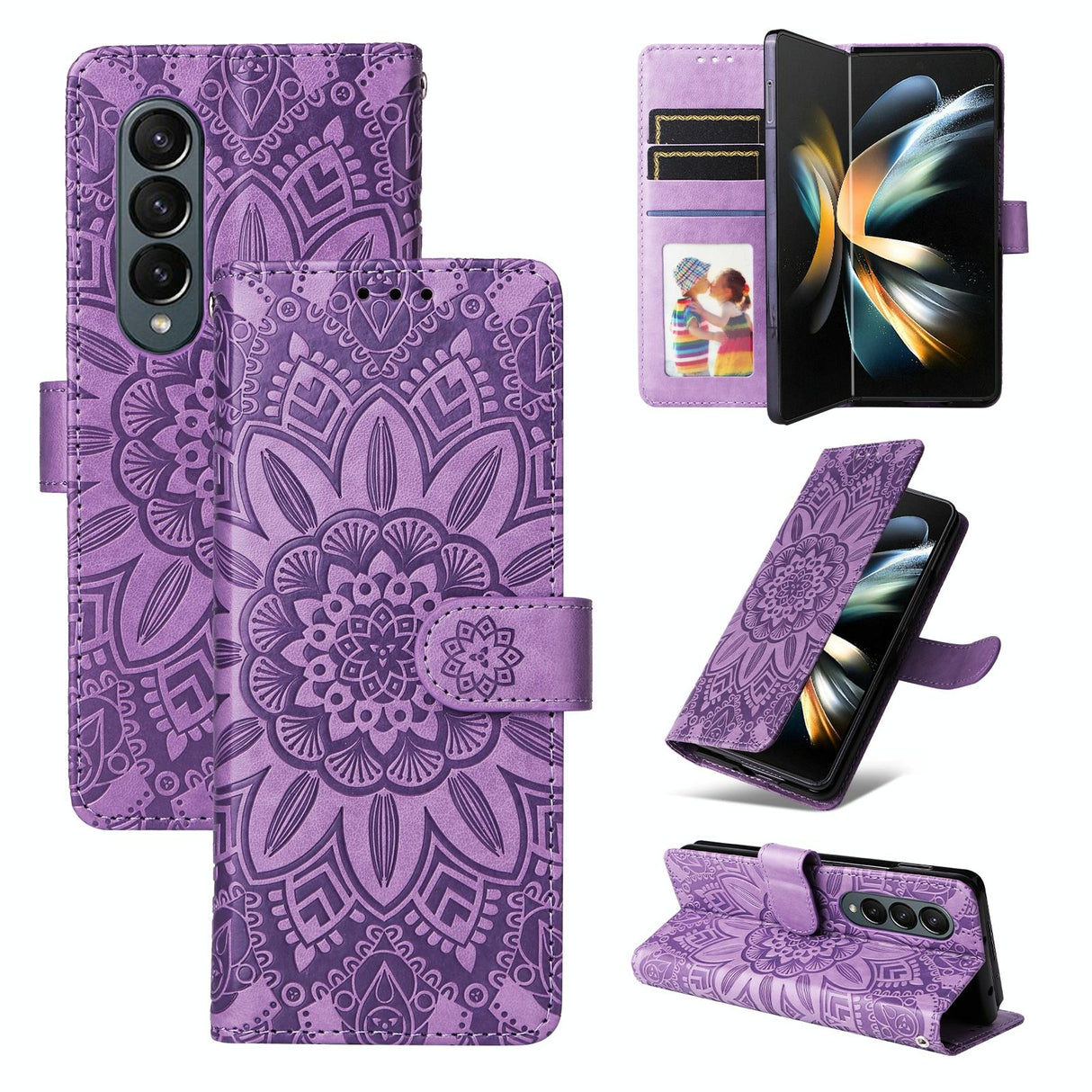 For Samsung Galaxy Z Fold4 5G Sunflower Embossed Leather Phone Case - Blue