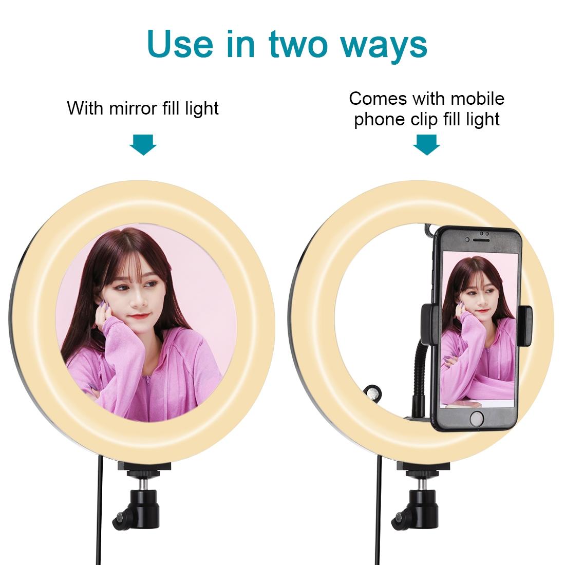 7.9 Usb 3 Modes Dimmable Dual Colour Led Ring Light with Mirror for Vlogging and Photography - Black