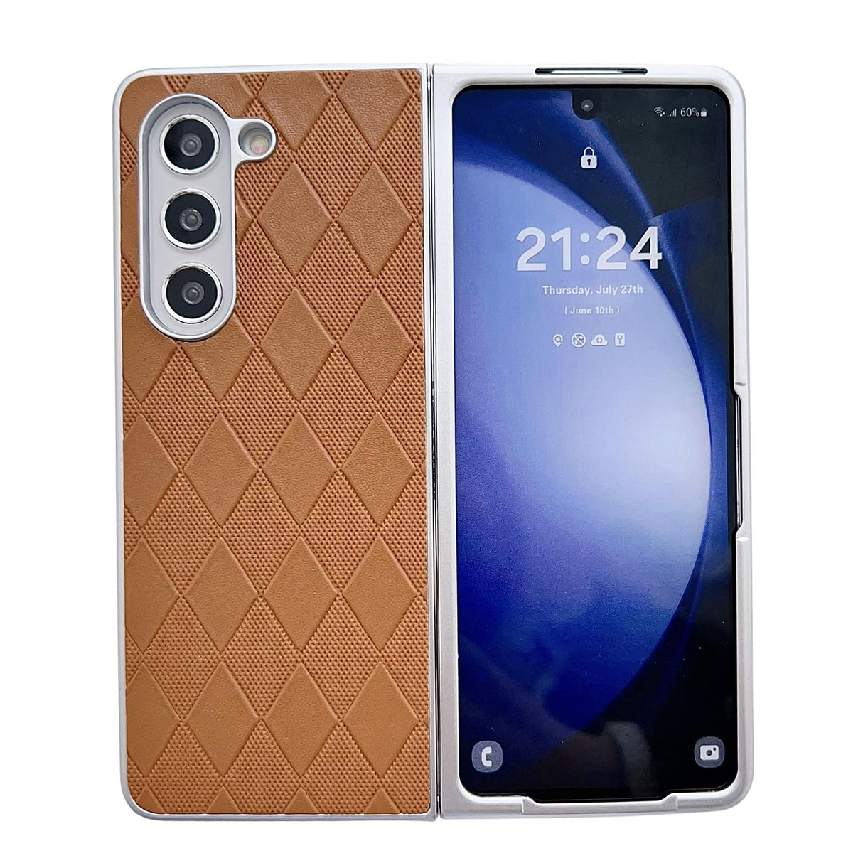 For Samsung Galaxy Z Fold4 5G Checkered Leather Phone Case With Pearlescent Finish - Silver