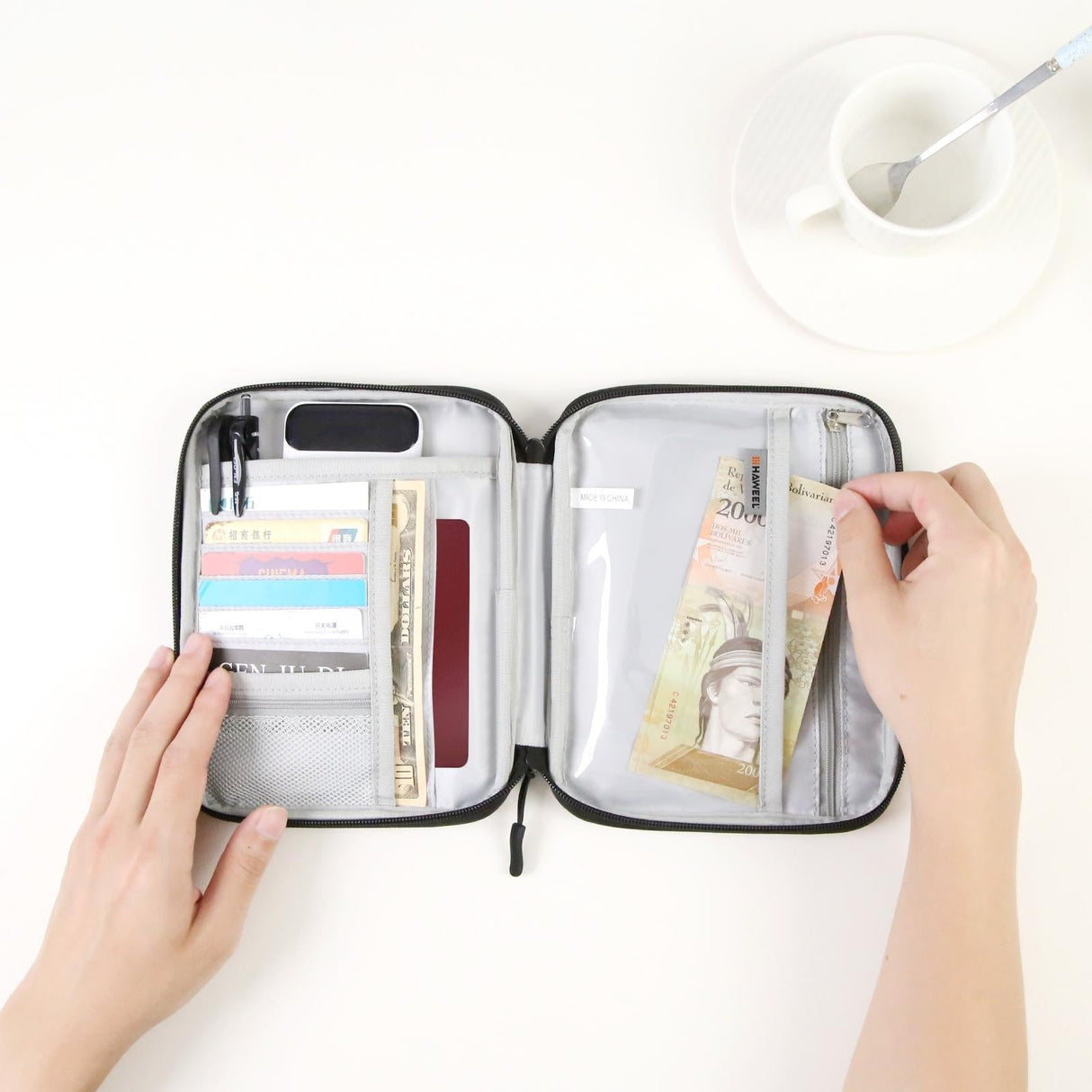 Passport Wallet With Handle Document Organizer & Card Holder - Black