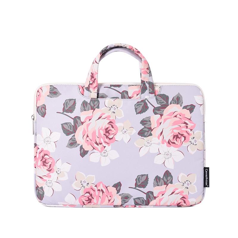 14 Inch Laptop Case Bag with White Rose Pattern and Handle - Black