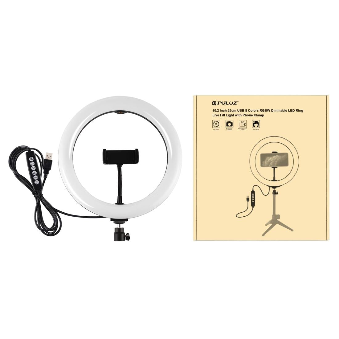 10.2 Usb Led Ring Light with 10 Modes Cold Shoe Tripod & Phone Clamp - Black