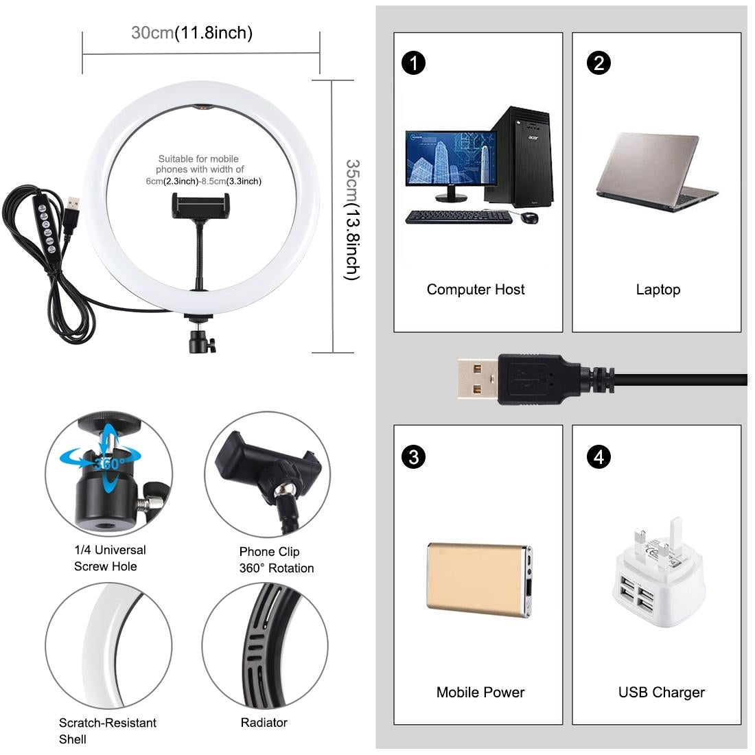 30cm Curved Surface Led Ring Light with Tripod and Phone Clamp - 10 Modes 8 Colours Usb Powered