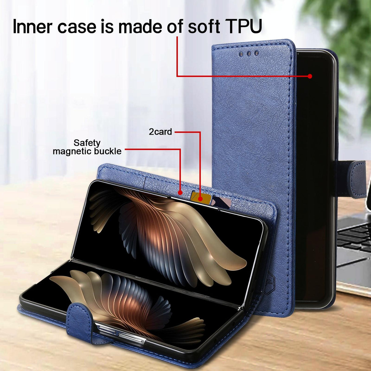 For Samsung Galaxy Z Fold4 5G Leather Texture Phone Case - Pu Tpu - Dark Blue