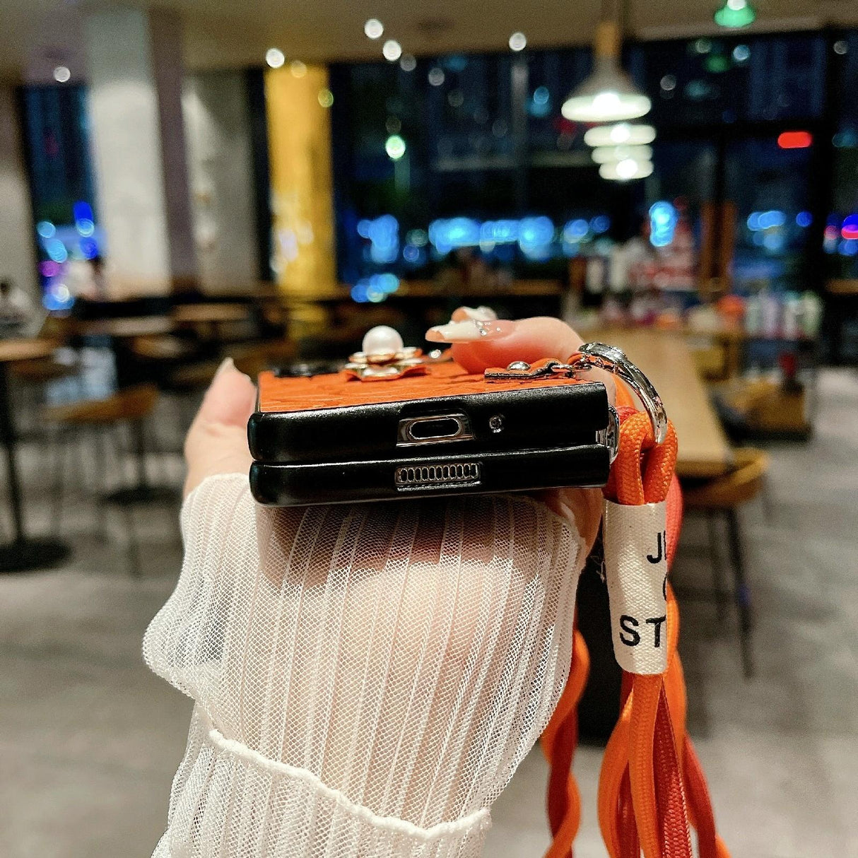 For Samsung Galaxy Z Fold4 5G Camellia Pattern Phone Case With Lanyard - Brown