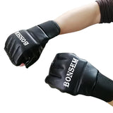 Adults Half-Finger Leather Boxing Gloves - Black - 45-Degree Angle