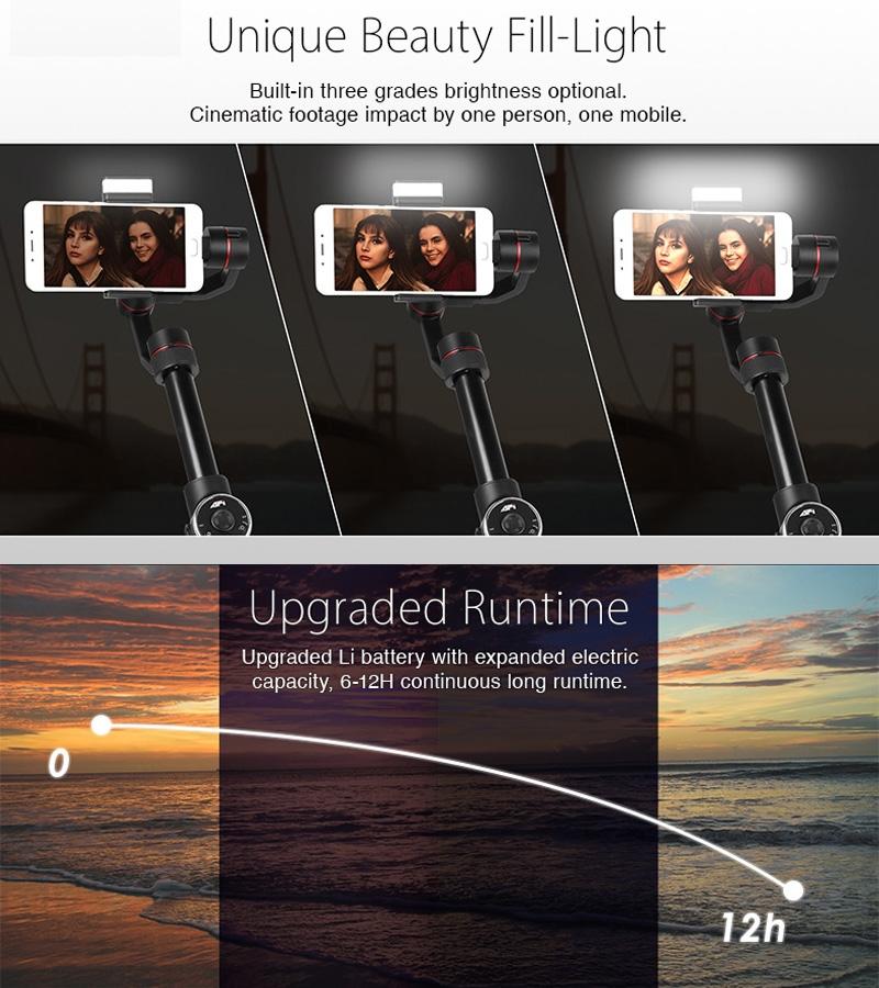 3-axis Gimbal Stabilizer with Tripod Mount & Fill Light for Smartphones - Black